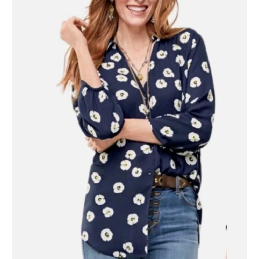 CAbi Go To Navy/White Daisy Floral Button Down Blouse 5705 Shirt Top Size‎ Small